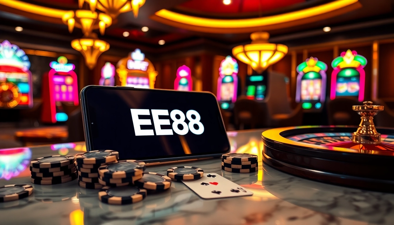 Experience the excitement of the EE88 app with vibrant casino visuals and gaming elements.