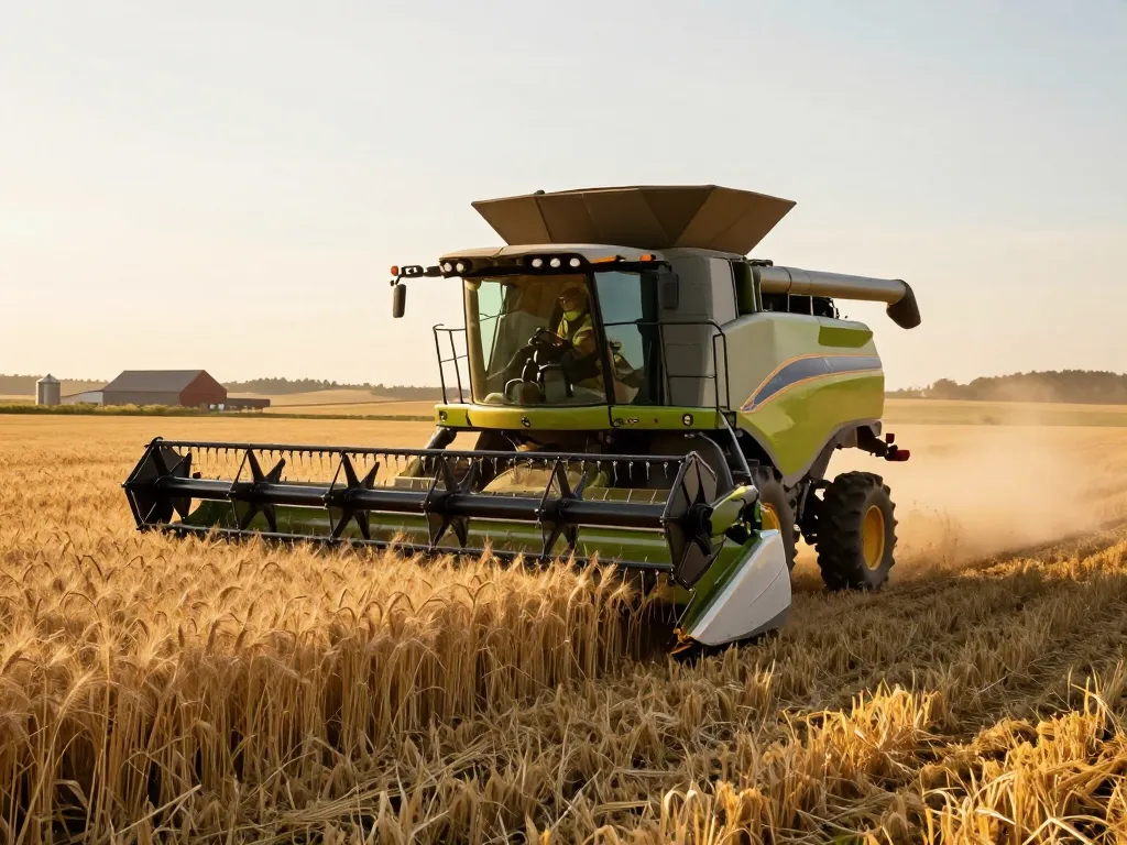 New Holland TR88 combine harvester efficiently working in golden hour wheat field, showcasing heavy industry agricultural technology
