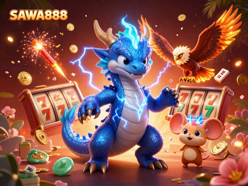 Join the excitement of SAWA888 with dazzling slots and a powerful dragon in action.
