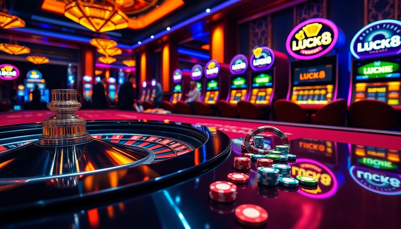 Engage in high-stakes gaming at LUCK8's luxurious casino, featuring roulette tables and vibrant chips.