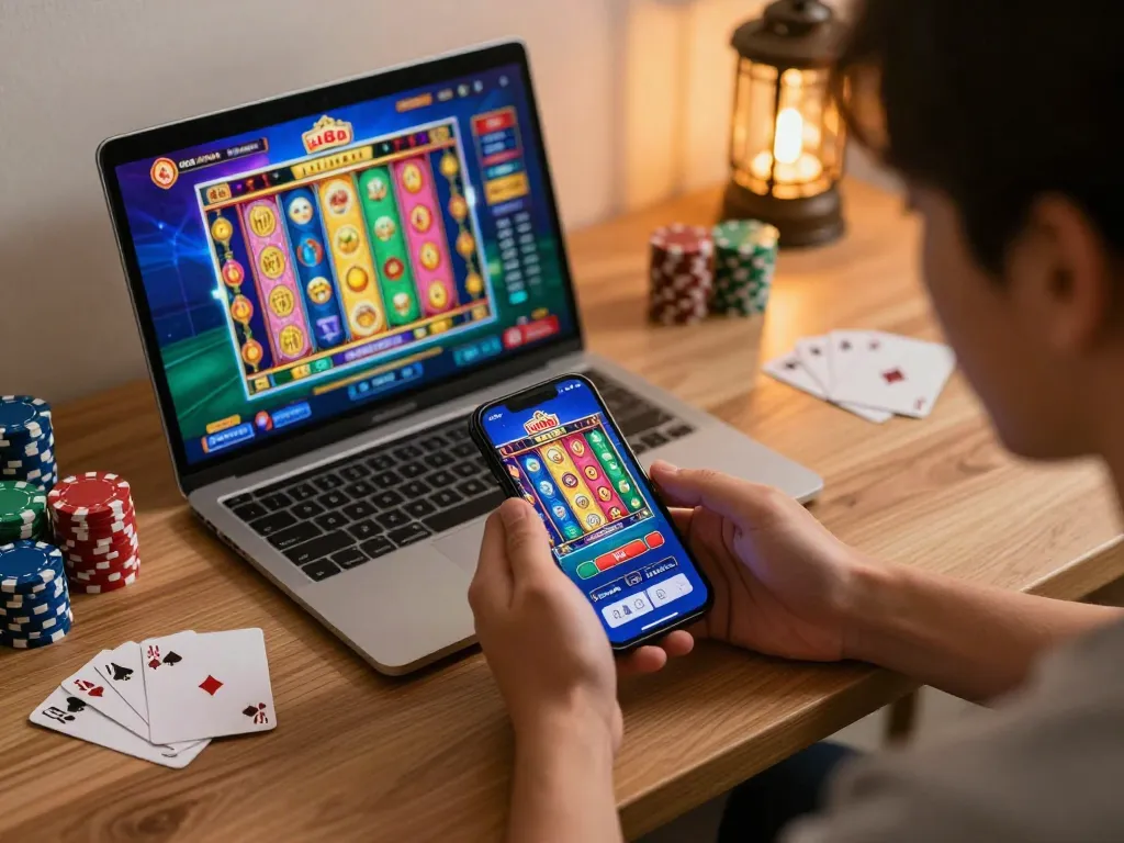 Engaging with the uu88 casino app on a smartphone, capturing excitement in home gaming