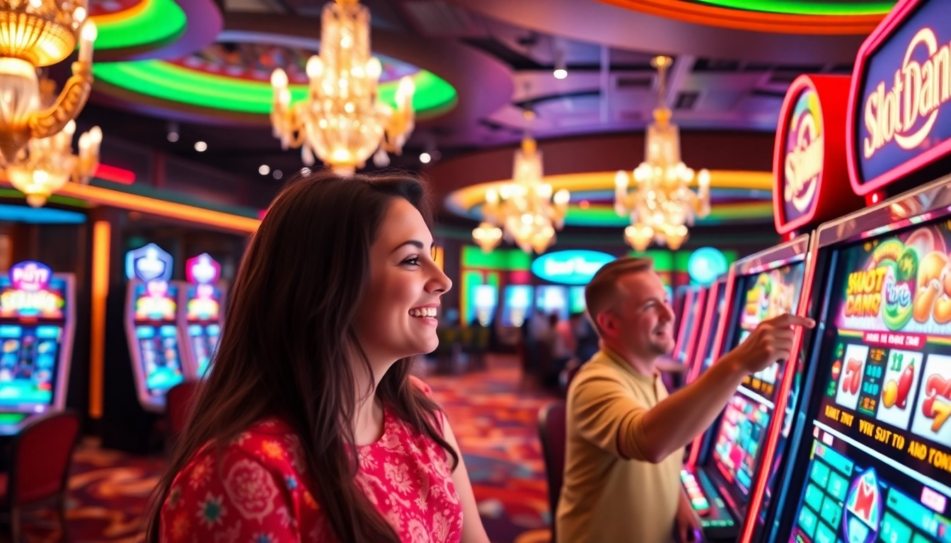 Main players engaging with Slot Dana machines in a vibrant casino setting.