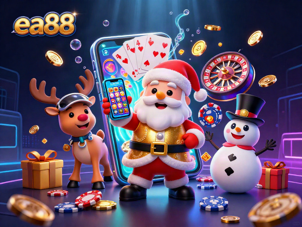 Spin to win with ea88's vibrant 3D casino scene featuring Santa, a reindeer dealer, and a poker chip snowman.