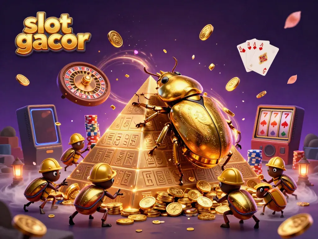 Experience thrilling slot gacor action with cartoon beetles amidst gold coins and vibrant casino symbols.