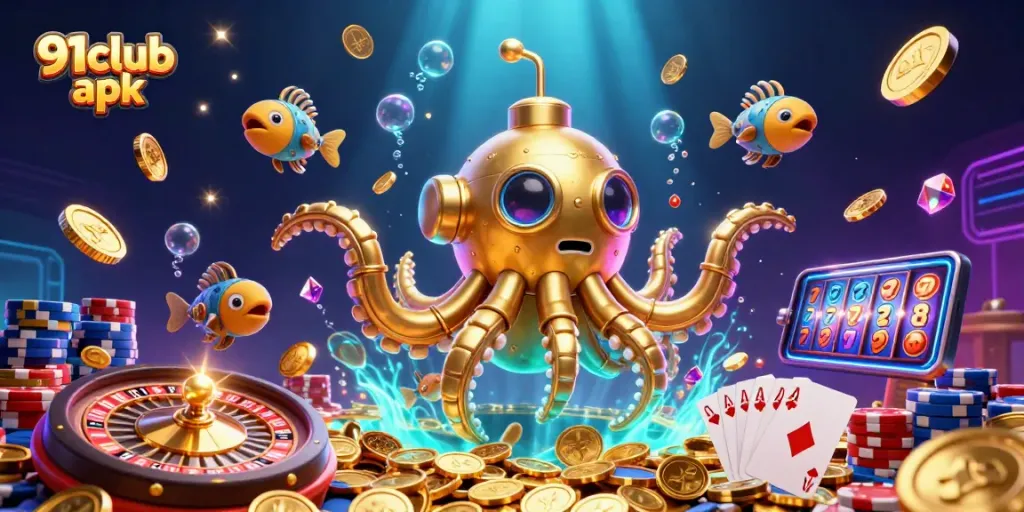 Win big with the 91club apk as a golden kraken submarine explores gambling riches.