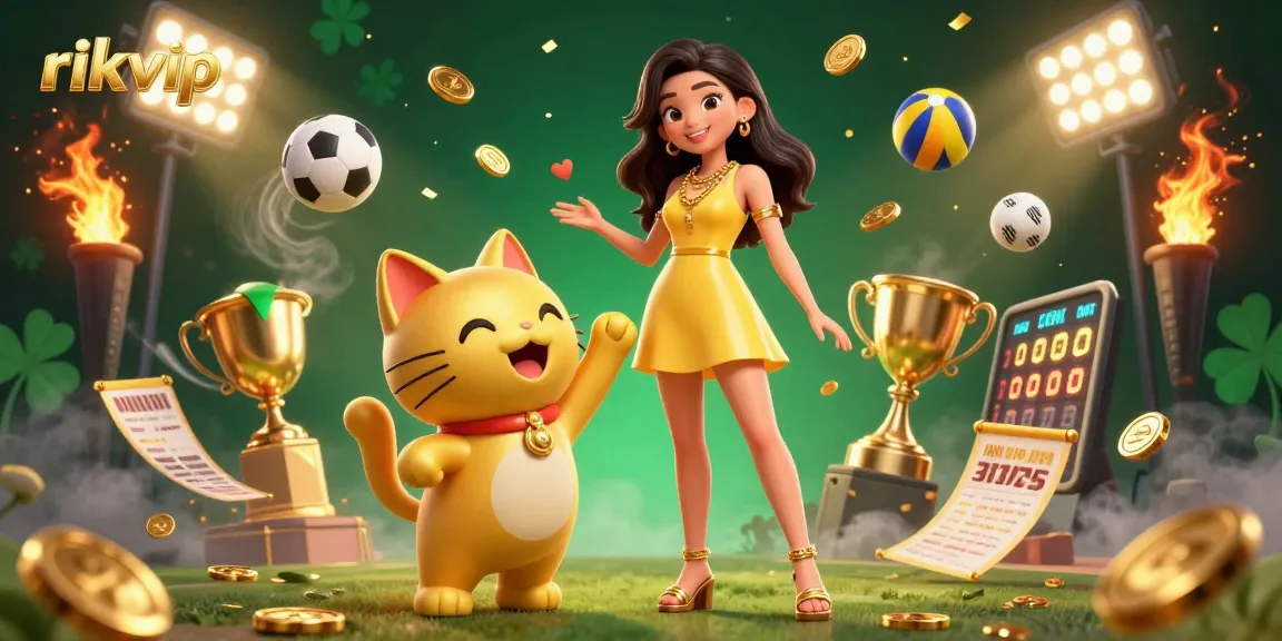Experience thrill at rikvip with golden lucky cat and sports excitement in a vibrant casino scene.