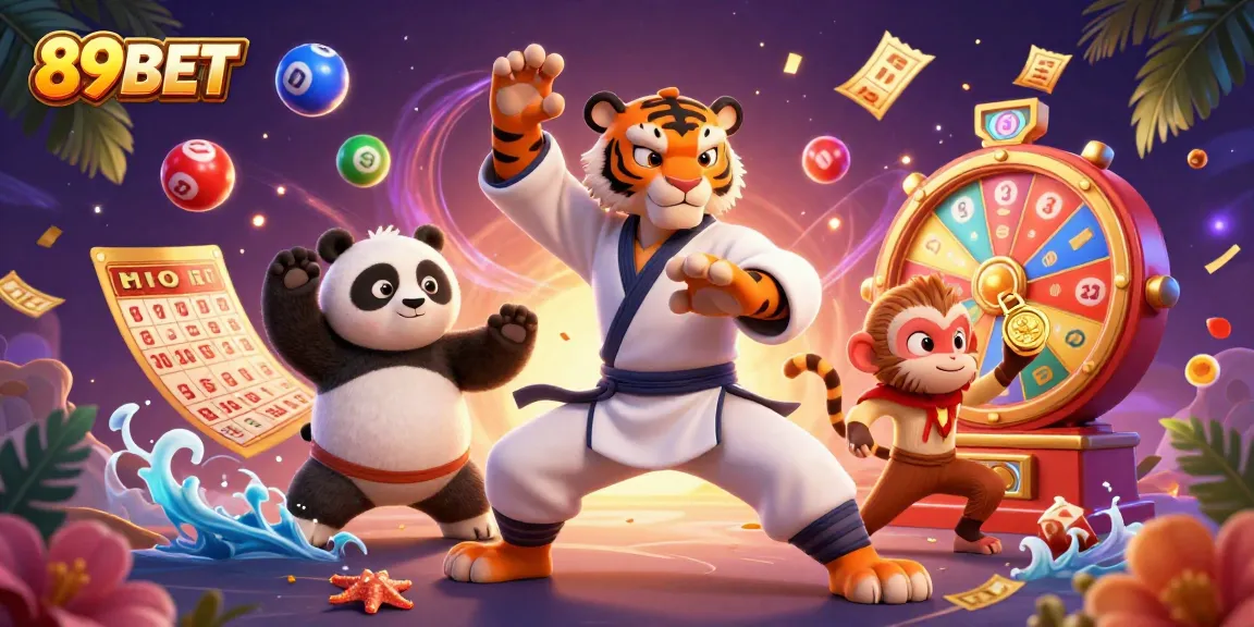 Win big with 89BET in this vibrant casino-themed scene featuring playful characters and dynamic game elements.