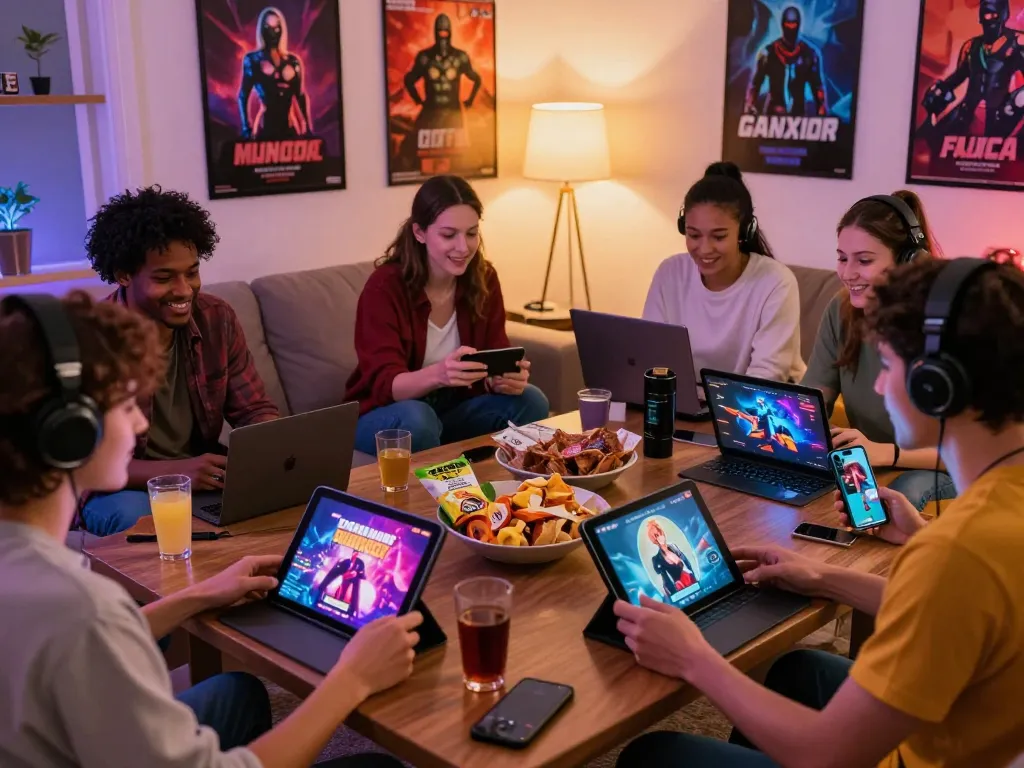 Exciting group gaming session featuring friends engaging in porn games on various devices, fostering a fun atmosphere.
