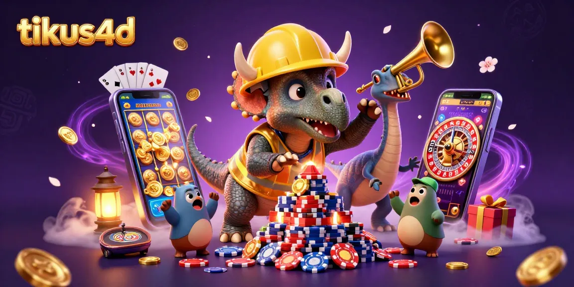 Tikus4D showcases a lively casino scene with a triceratops and friends celebrating winning slots.