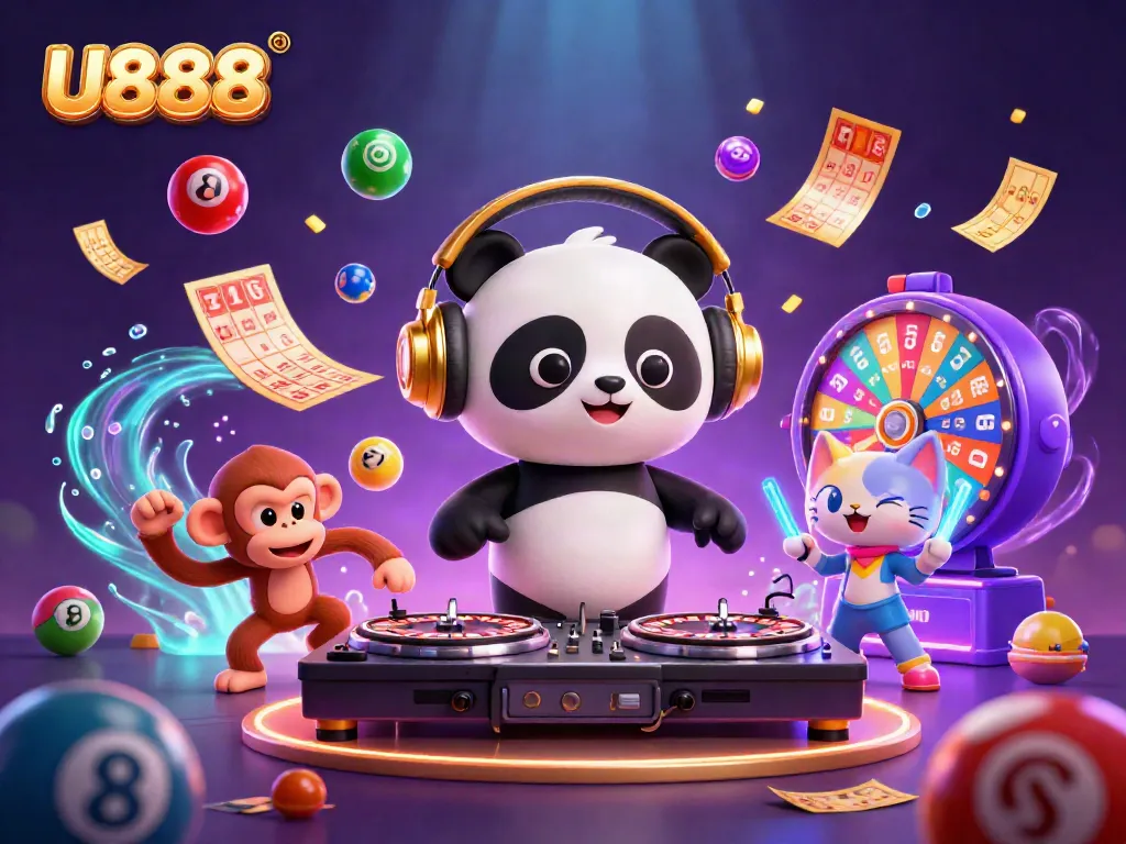 U888 casino scene showcasing a DJ panda, dancing monkey, and glowing kitten amidst colorful gaming elements.