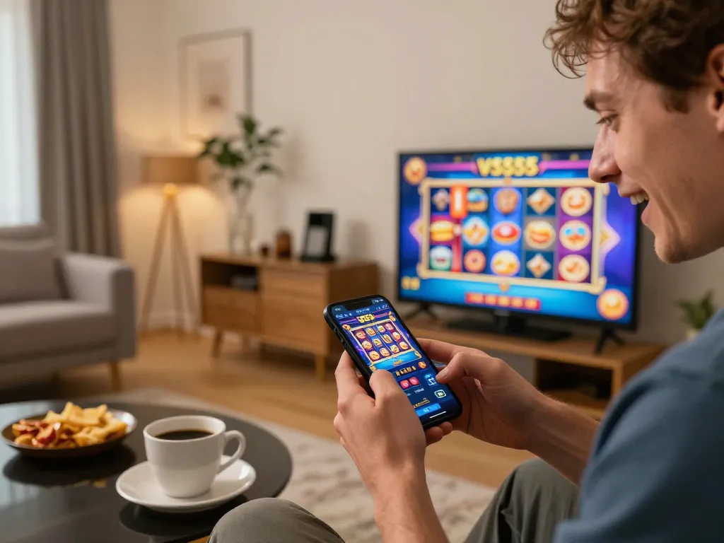 Player enjoying gaming on the VS555 app in a cozy home setting, highlighting excitement and engagement.