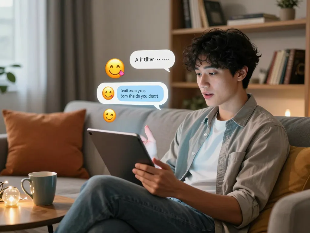 A young adult engaging in an AI sex chat on a tablet, showcasing a relaxed atmosphere with soft lighting and playful emojis.