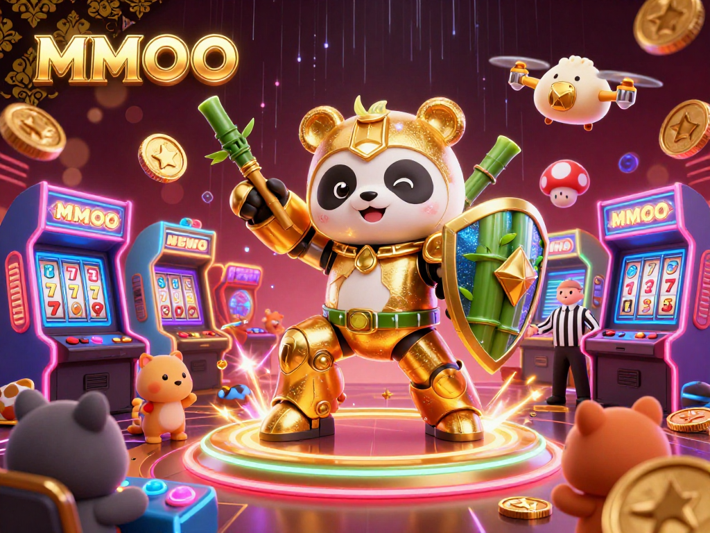 Experience MMOO’s exciting casino world with vibrant 3D scenes featuring golden panda and game elements.