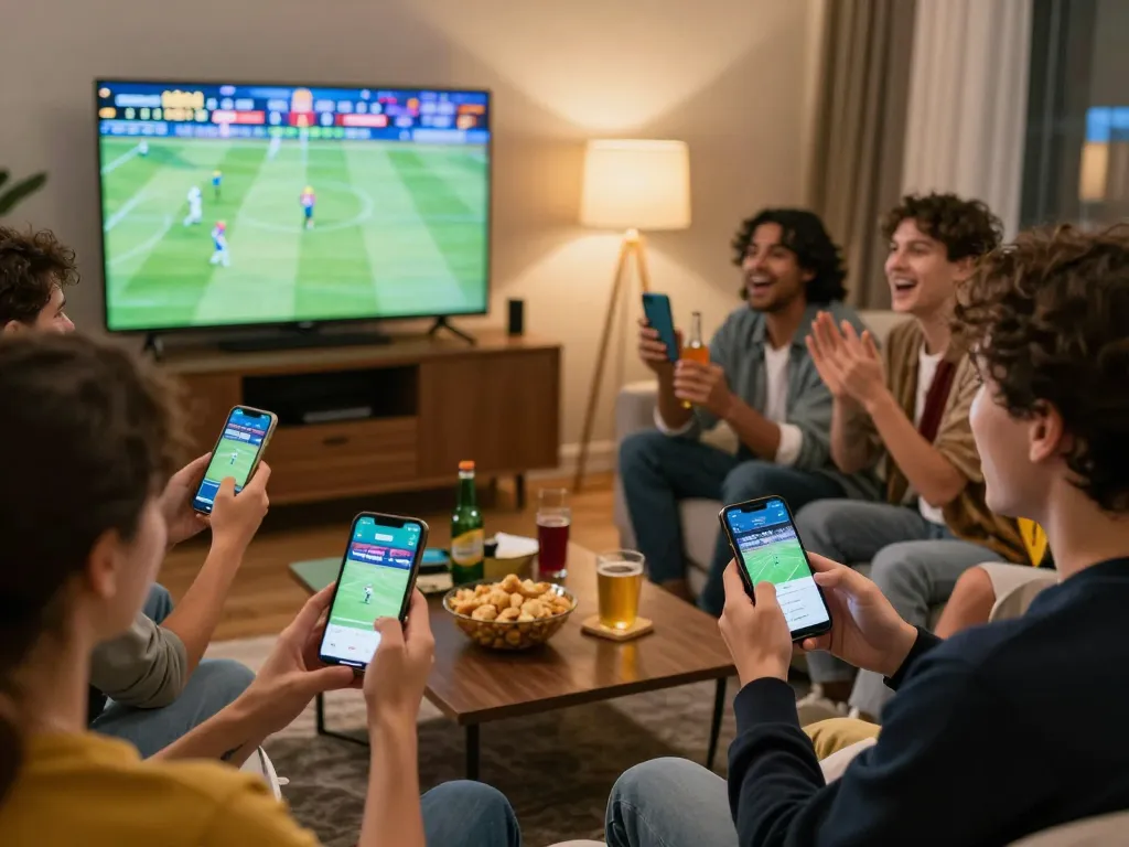 Excited friends engage in sports betting while watching live games on TV at home using https://n188.build/ for updates.