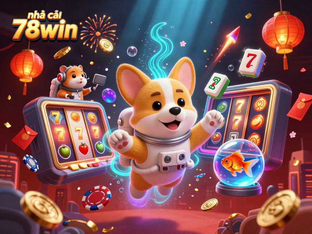 Engage with thrilling moments at nhà cái 78win in a vibrant casino scene filled with colorful slot reels and animated characters.