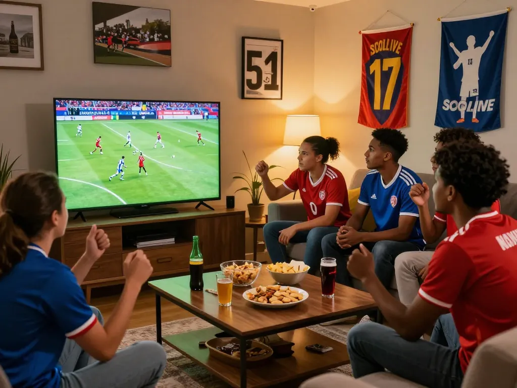 Socolive match live streaming scene with enthusiastic soccer fans enjoying the game in a cozy living room