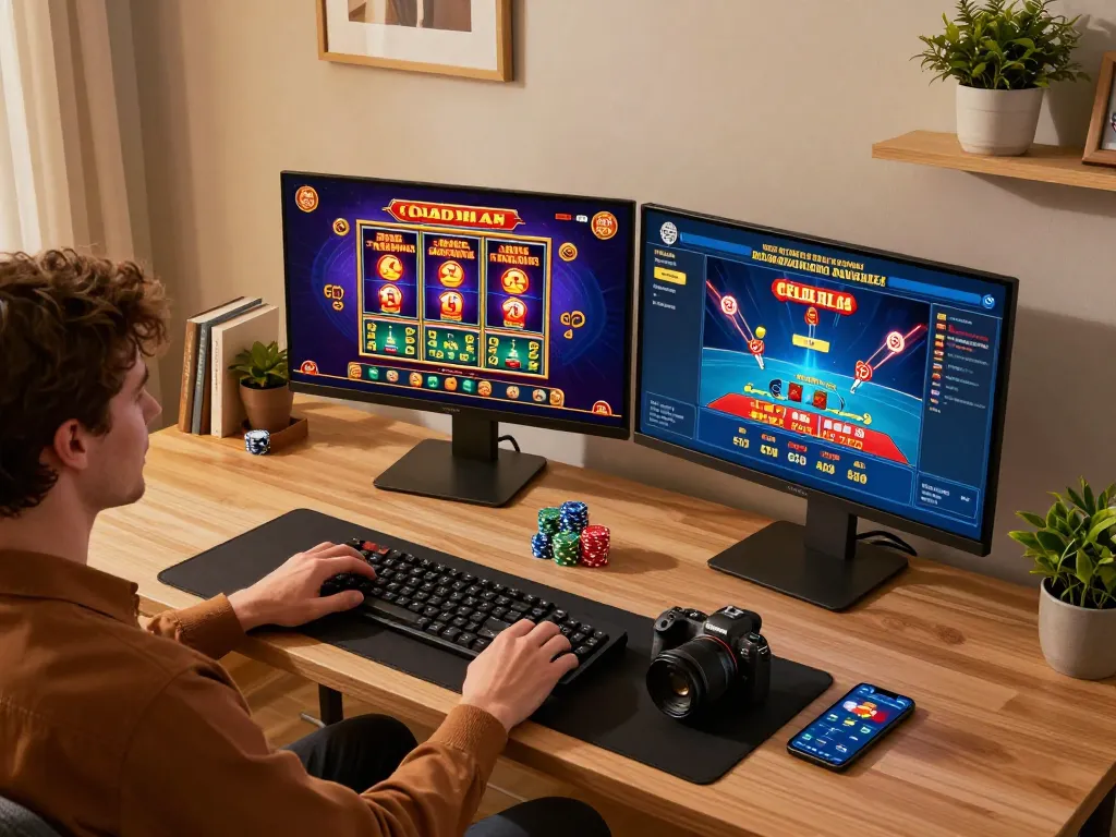 Engaging online casino gaming session at https://mm88.fun/ with multiple screens, cozy desk setup, and warm lighting.