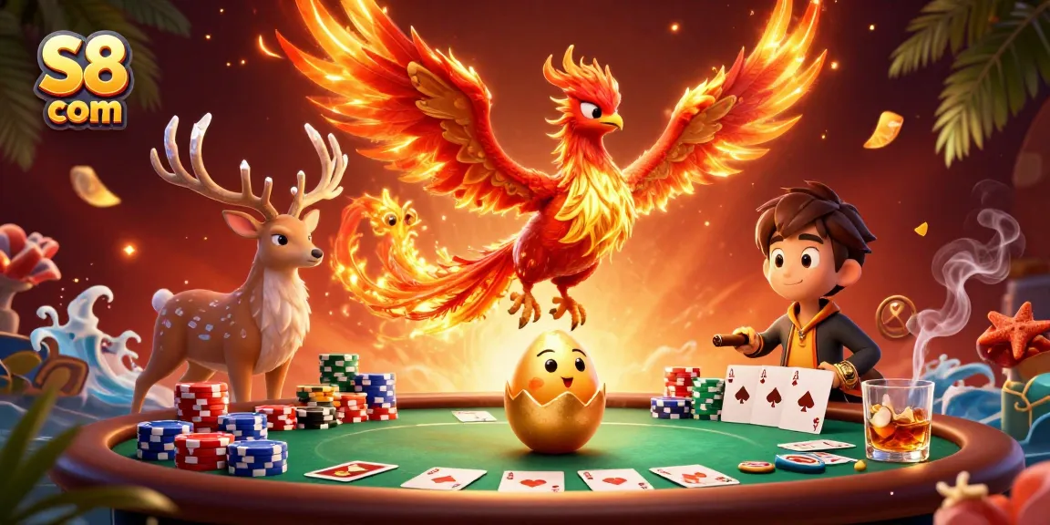 Experience thrilling gameplay with S8 com – a vibrant, dynamic casino scene featuring a phoenix and poker elements.