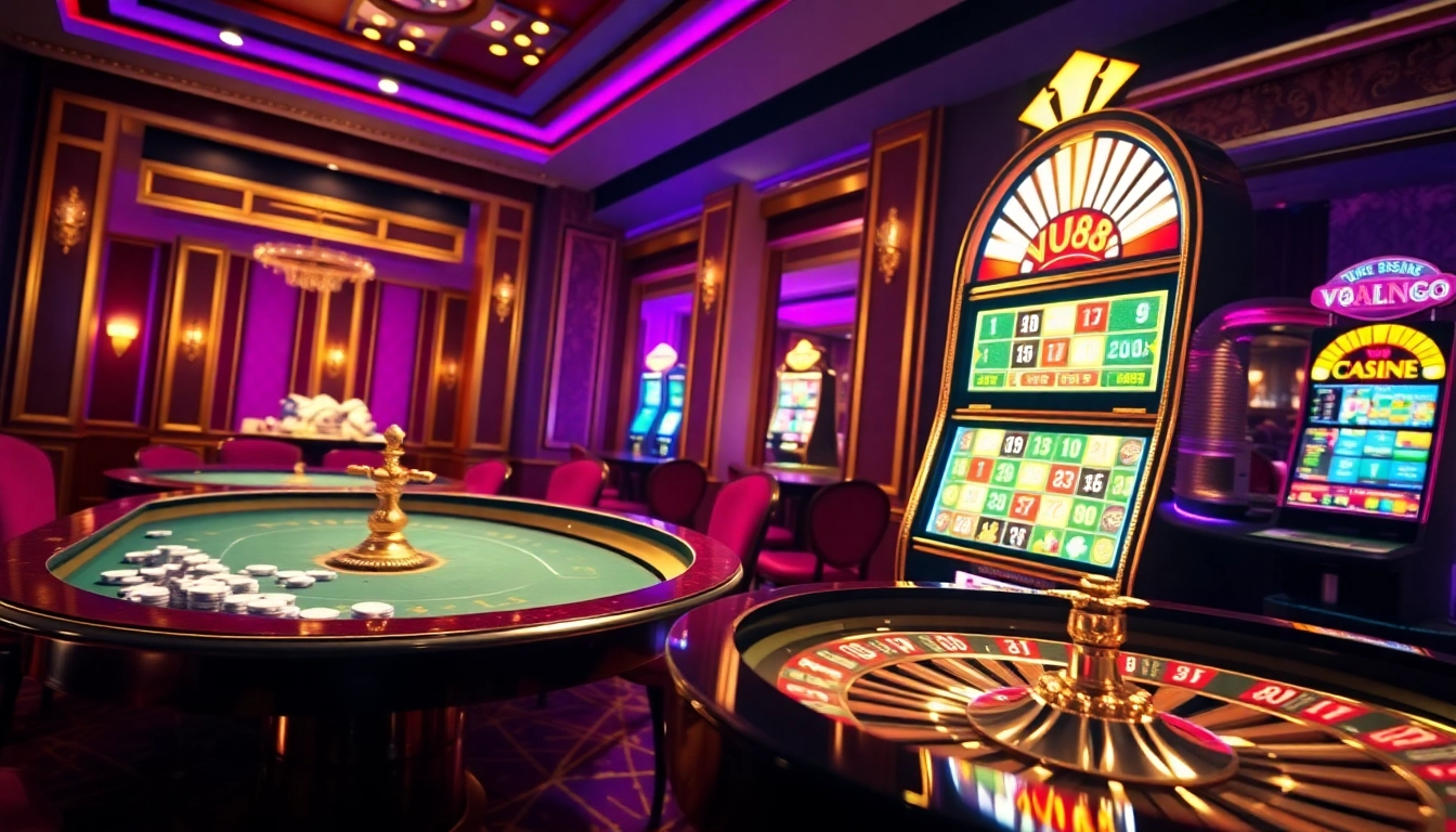 Experience the thrill of winning at https://vu88.ink/ with vibrant gaming tables and a roulette wheel.