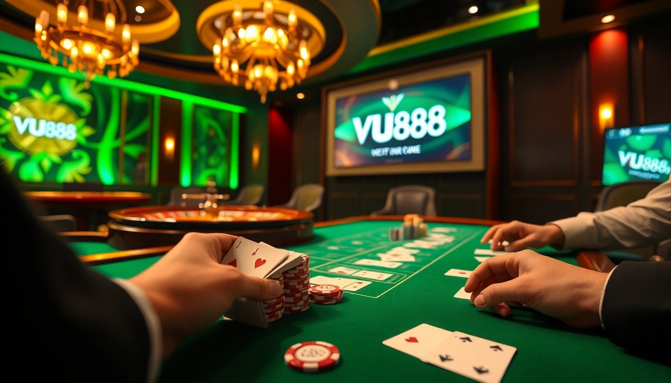 Players engaging in strategic poker at a VU88 casino, highlighting luxury and excitement.