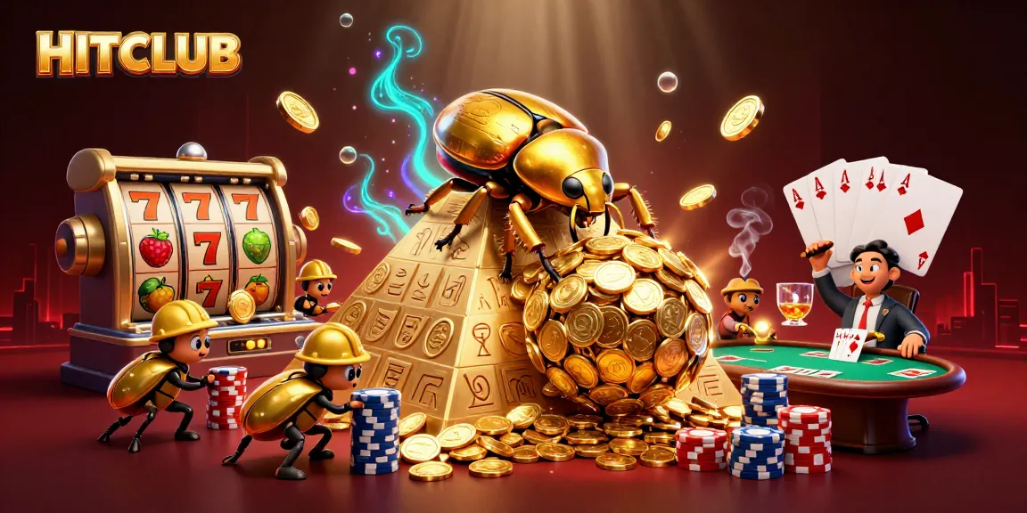 Experience the thrill at HITCLUB as a golden beetle rolls coins amidst vibrant slot game elements.