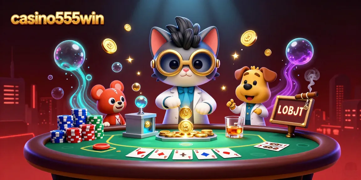 Experience thrilling gameplay at casino555win with a captivating 3D scene of a mad scientist cat and dog in a casino.