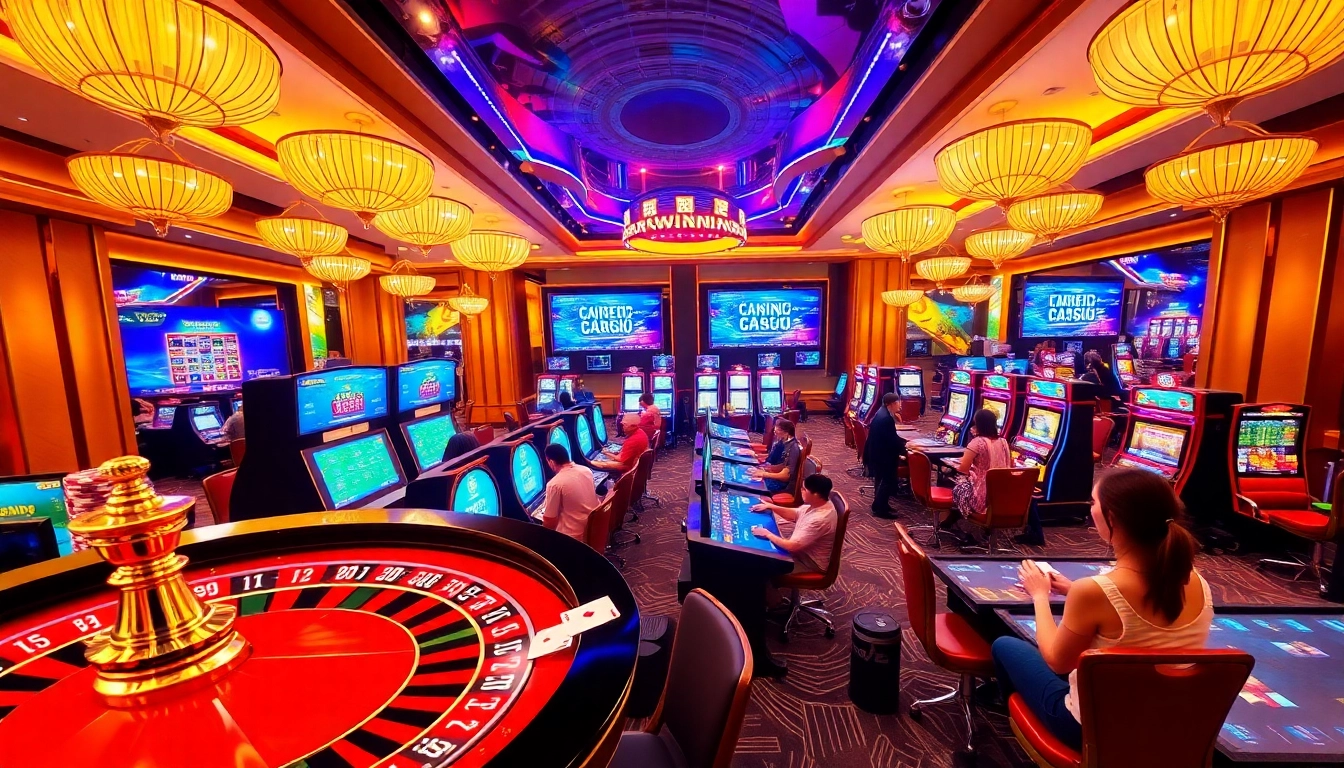 An illustration of a luxury casino scene highlighting online gaming at https://33wwin.net/ with vibrant roulette wheels and engaged players.