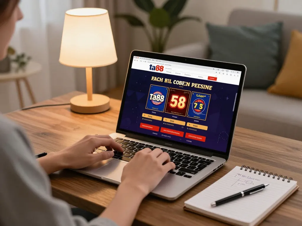 Engaging in online gaming on ta88 with a cozy setup, laptop showing casino interface.