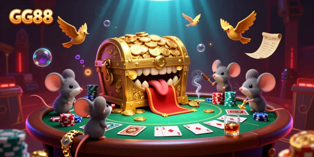Engaging scene of GG88 with treasure chest luring players at a poker table filled with chips and cards.