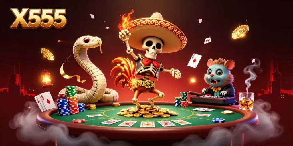 X555 showcases an engaging scene with a lively poker game featuring a cartoon mariachi rooster and vibrant casino elements.