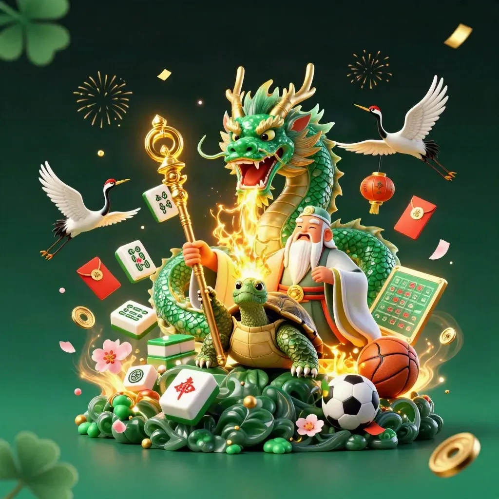 Jade dragon, turtle sage and cranes amid gold fire, lanterns, coins and festive sparks.