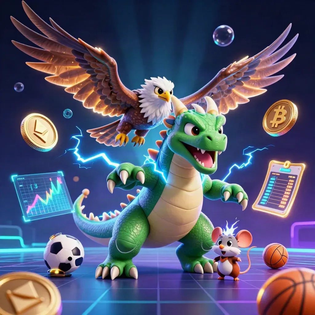 Thunder dragon, hawk, and mouse amid coins, lightning, and sports props on a neon dark background.