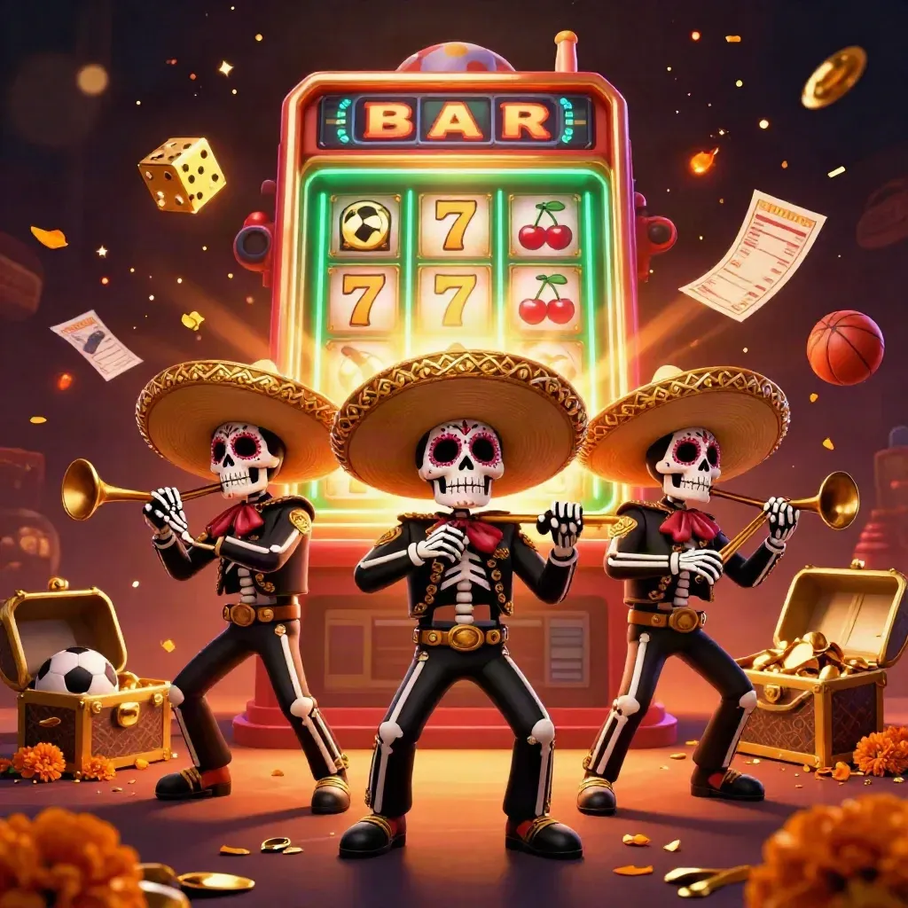 Skeleton mariachi trio amid slot burst, gold dice, petals, and casino glow