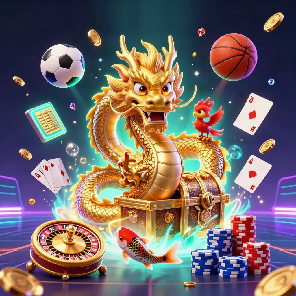 Golden dragon with phoenix and koi amid casino chips, coins, sports balls, and neon light.