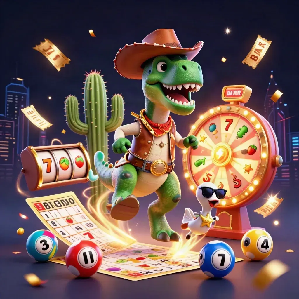 Cowboy T-Rex, cactus sidekick, and roadrunner burst through casino relics and green-gold sparks.