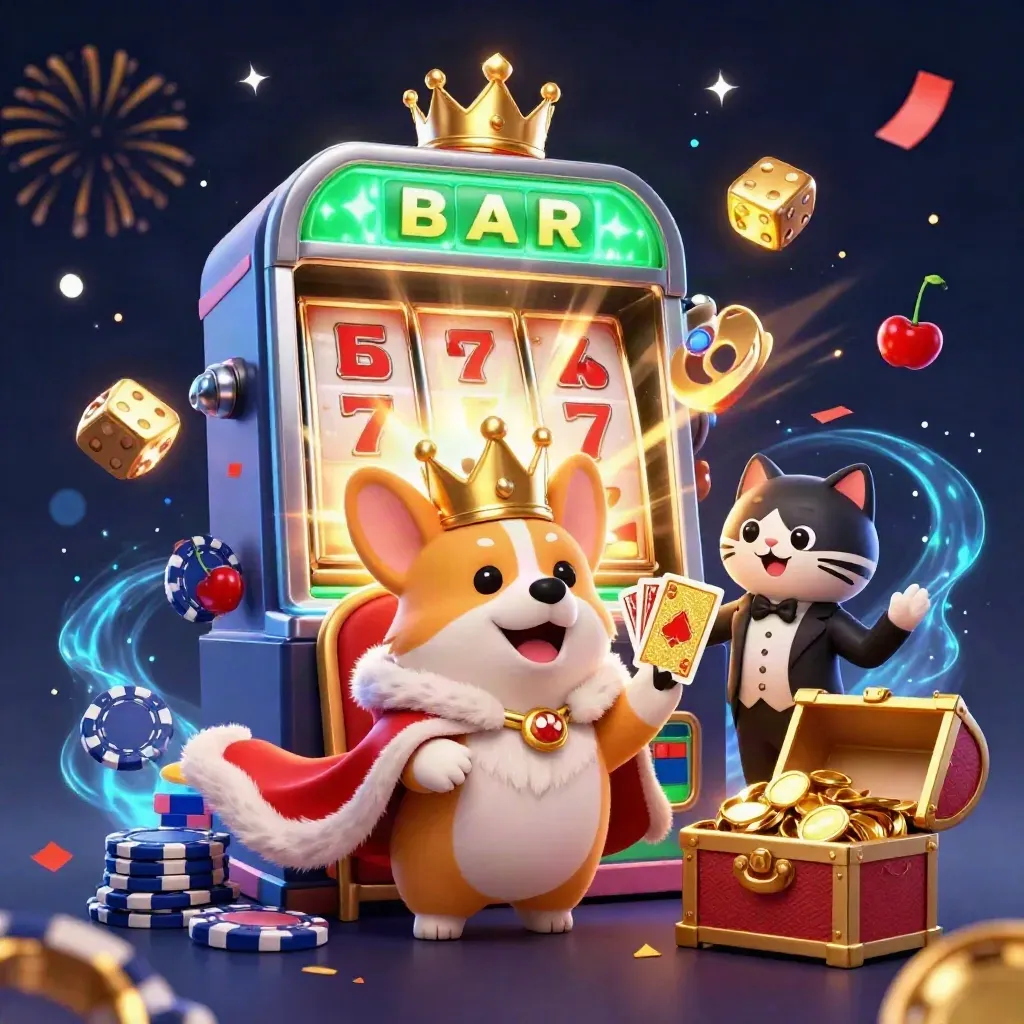 Royal corgi and cat butler amid exploding slot treasures, dice, chips and neon casino effects