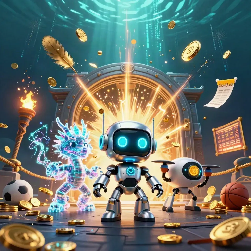 Cyberpunk robot, holographic dragon and coin drone amid gold, fireworks and sports symbols.