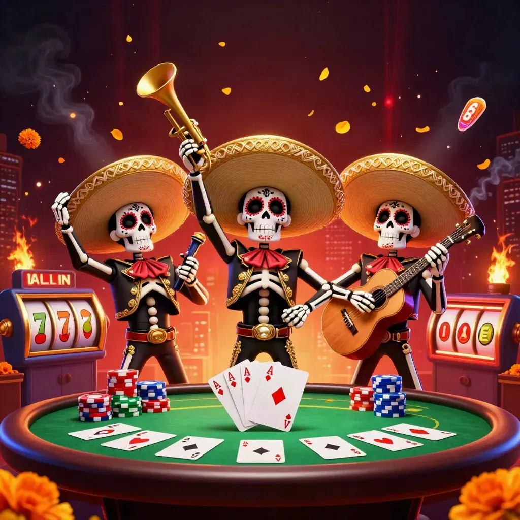 Skeleton mariachi trio amid poker, slots, chips, embers, and a dark neon skyline.