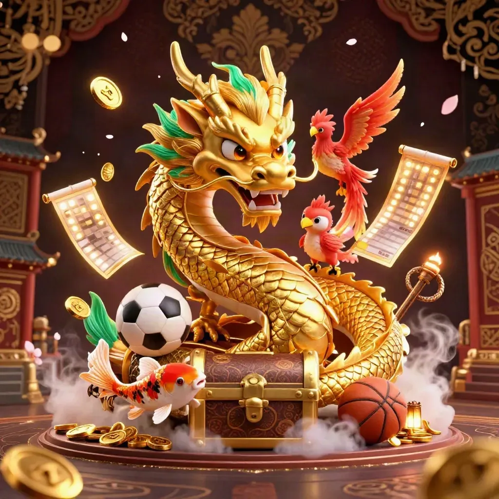 Golden dragon, phoenix and koi around treasure chest with sports icons on dark luxe backdrop.