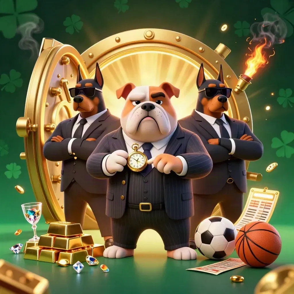Bulldog boss with two Doberman guards amid gold vault loot and neon sparks.