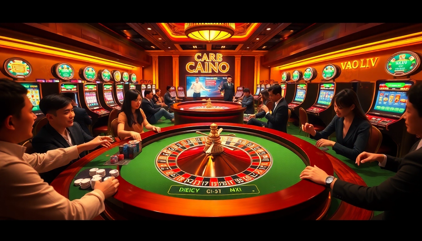 Players engaging in thrilling casino games showcasing Vào Lưới TV atmosphere with vibrant roulette and slot machines.