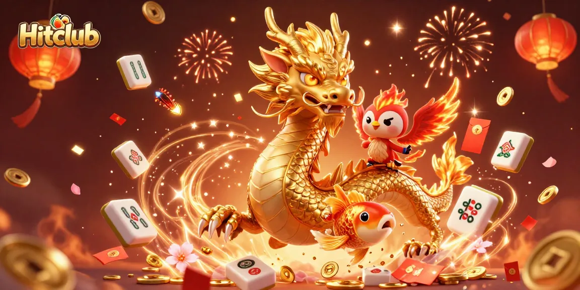 Hitclub offers thrilling gaming experiences featuring a golden dragon amidst coins and fireworks.