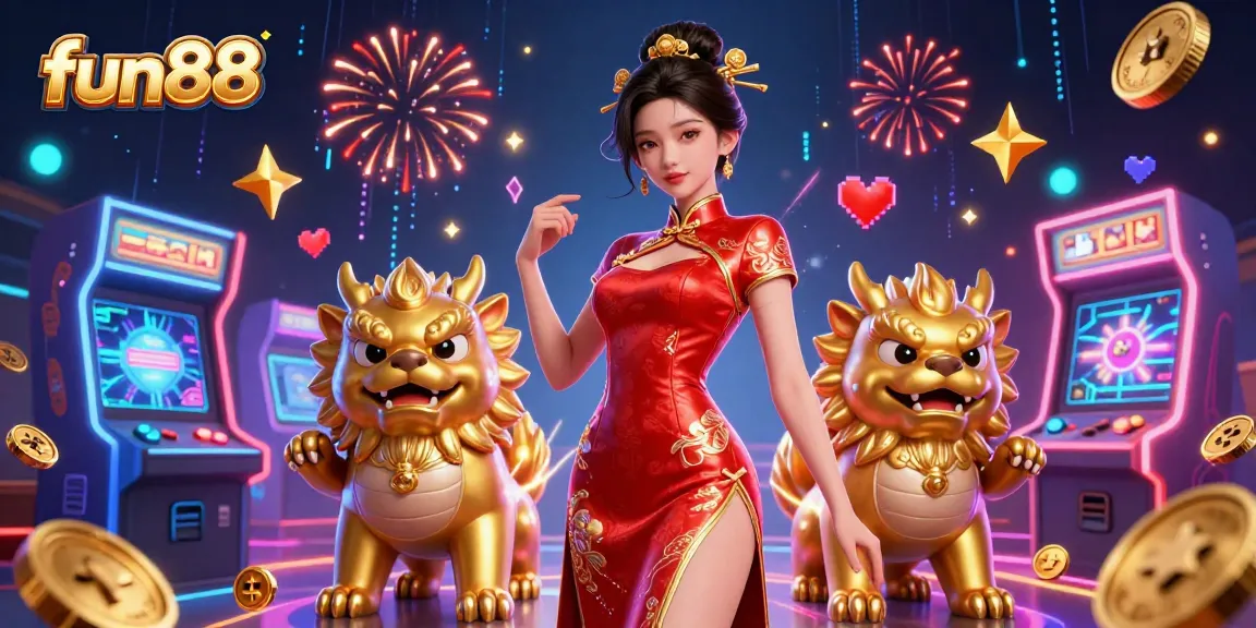 Experience thrilling gambling action with fun88, featuring an enchanting Asian woman amidst vibrant casino elements.