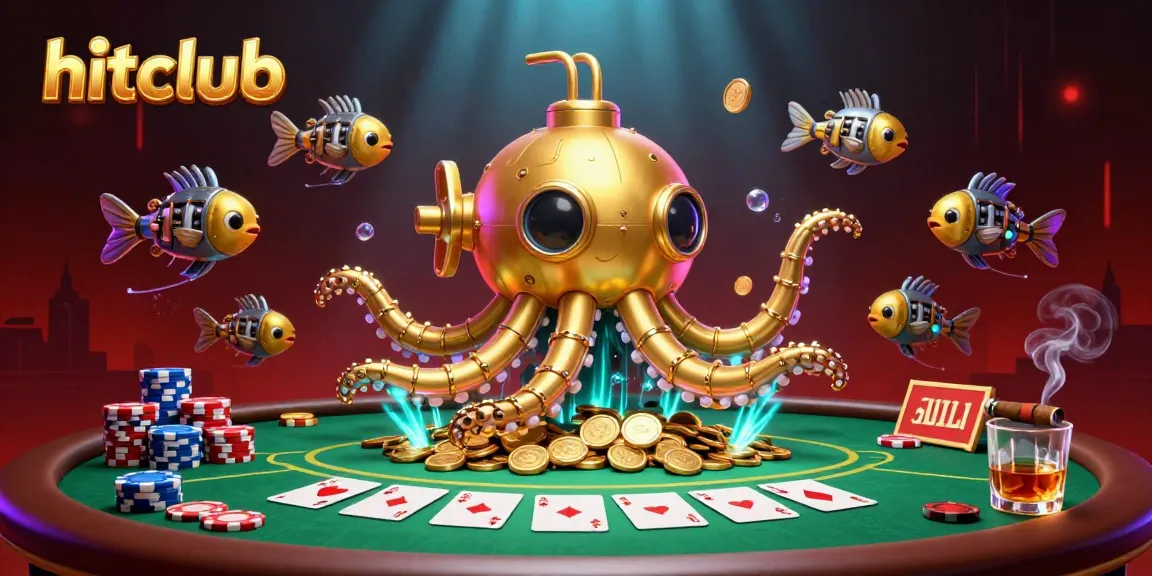 Engage in thrilling gameplay at hitclub with a golden kraken submarine and mechanical fish amidst vibrant poker elements.