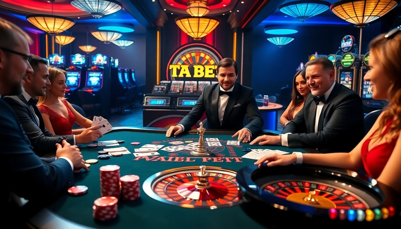 Players enjoying a thrilling game of blackjack at a lavish casino showcasing THA BET.