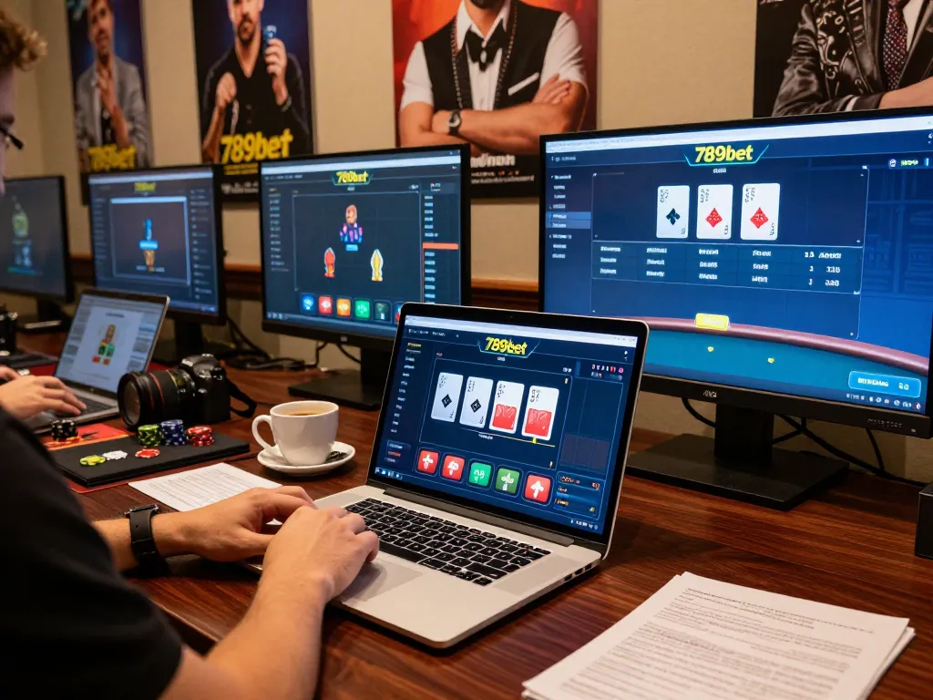 Players strategizing online poker with 789bet on multiple screens in a professional gaming setup