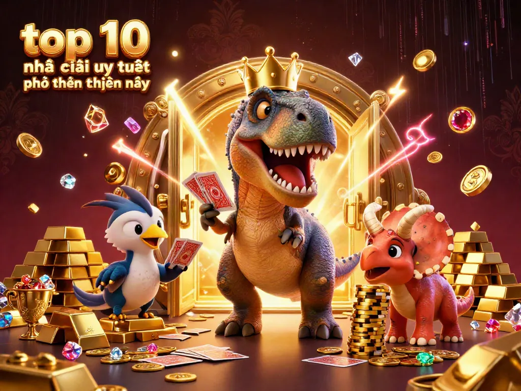 Engaging 3D illustration of characters embodying the top 10 nhà cái uy tín phổ biến hiện nay theme in a vibrant casino scene.