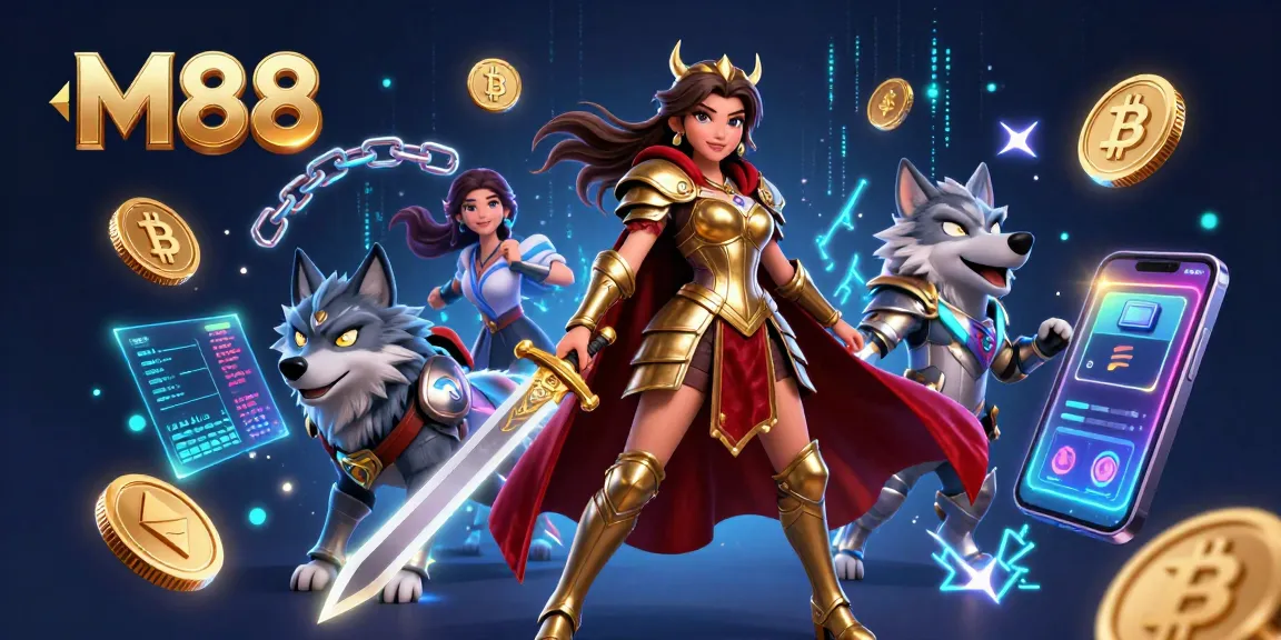 M88 offers thrilling online gaming experiences with a warrior queen and armored wolf amid vibrant crypto elements.