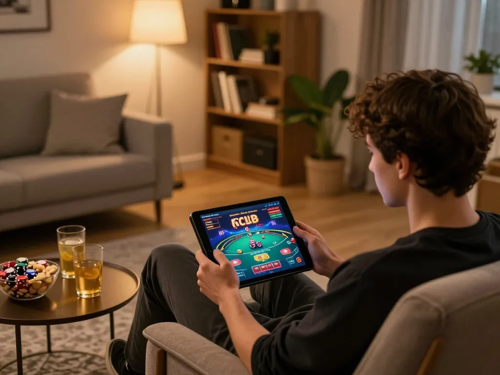 Player engaged in hitclub online poker game with cozy home setup and warm ambient lighting.
