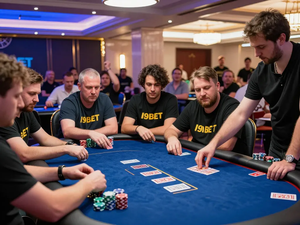 I9BET players engaged in a thrilling poker game, showcasing chips and cards